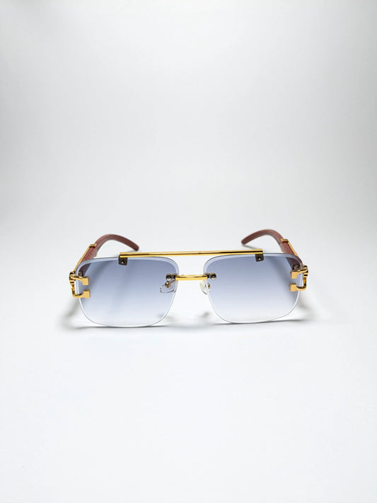 Car Tierr - md004 Aviator Golden and wooden style frame with Cheetah Arms, Gradient Light Blue Lenses (Box Included))