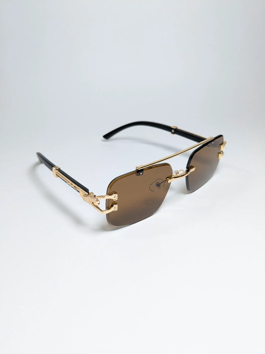Car Tierr - md003 (1) Aviator Rimless Double Bridge Cheetah Arm Frame Sunglasses with Box