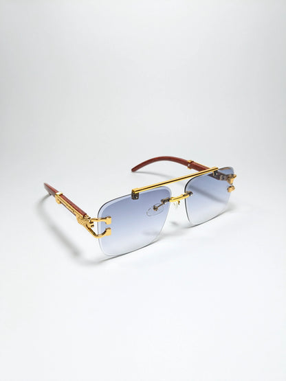 Car Tierr - md004 Aviator Golden and wooden style frame with Cheetah Arms, Gradient Light Blue Lenses (Box Included))