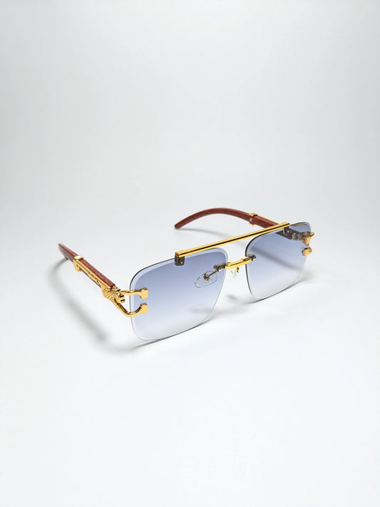 Car Tierr - md004 Aviator Golden and wooden style frame with Cheetah Arms, Gradient Light Blue Lenses (Box Included))